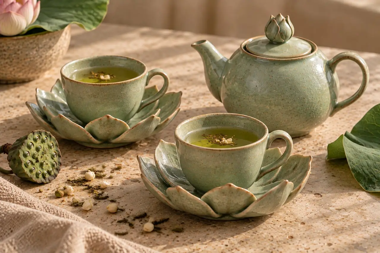 Celadon lotus tea set with lotus-bud teapot and two cups on petal saucers