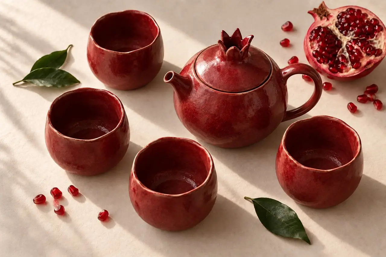 Pomegranate porcelain tea set with crowned teapot and four cups
